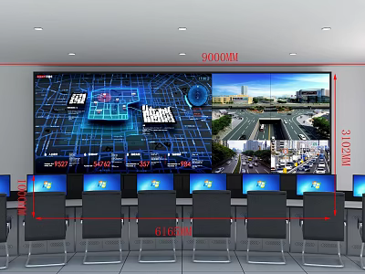 Modern Monitoring Room Interior With Large Screen Surveillance Displays And Computer Workstations 3d model