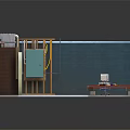 Cartoon Interior Scene With Wooden Staircase Blue Walls Gray Floor Red Table And Small Figures