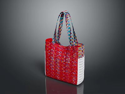 Vibrant Red Tote Bag With Colorful Straps And Patterned Woven Design 3d model
