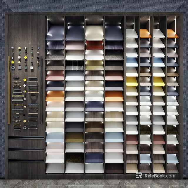 Premium Material Specialty Store Showcasing Various Colored Fabric And Wood Samples On Racks 3d model 