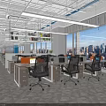 Modern Public Office Space with Open Layout Desks Office Chairs and City View Windows
