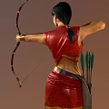 Two Female Archers In Traditional Red Outfit With Longbow And Arrow Quiver Front Back View