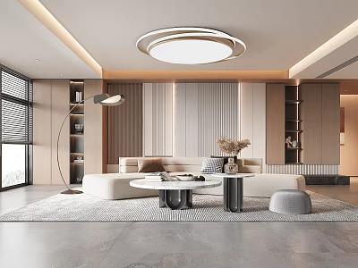 Modern Living Room Interior Design With Circular Ceiling Light Beige Sofa And Round Coffee Table 3d model