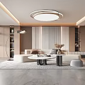 Modern Living Room Interior Design With Circular Ceiling Light Beige Sofa And Round Coffee Table