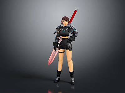 Game Movie Character With Short Hair Black Armor And Red Sword Standing Pose 3d model