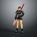 Game Movie Character With Short Hair Black Armor And Red Sword Standing Pose