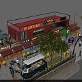 Vibrant Commercial Street With Outdoor Dining Areas Neon Signs Pedestrians Trees And Evening Lights