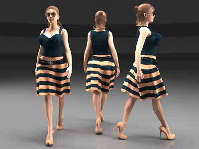 Woman In Dark Blue Top And Yellow And Black Striped Skirt With High Heels Standing 3d model