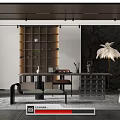 Modern Tea Room Interior With Wooden Shelves Tea Table Stone Wall And Decorative Lamp