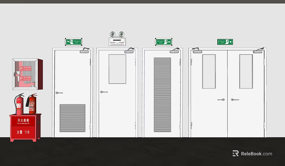 White Emergency Exit Doors With Green Signs And Red Safety Cabinet 3d model 
