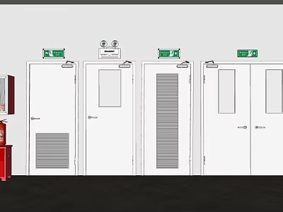 White Emergency Exit Doors With Green Signs And Red Safety Cabinet 3d model