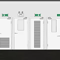 White Emergency Exit Doors With Green Signs And Red Safety Cabinet