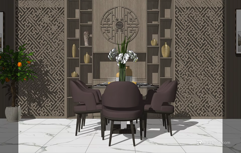 Chinese Style Dining Table Set with Circular Ornament Patterned Wall and Chairs 3d model