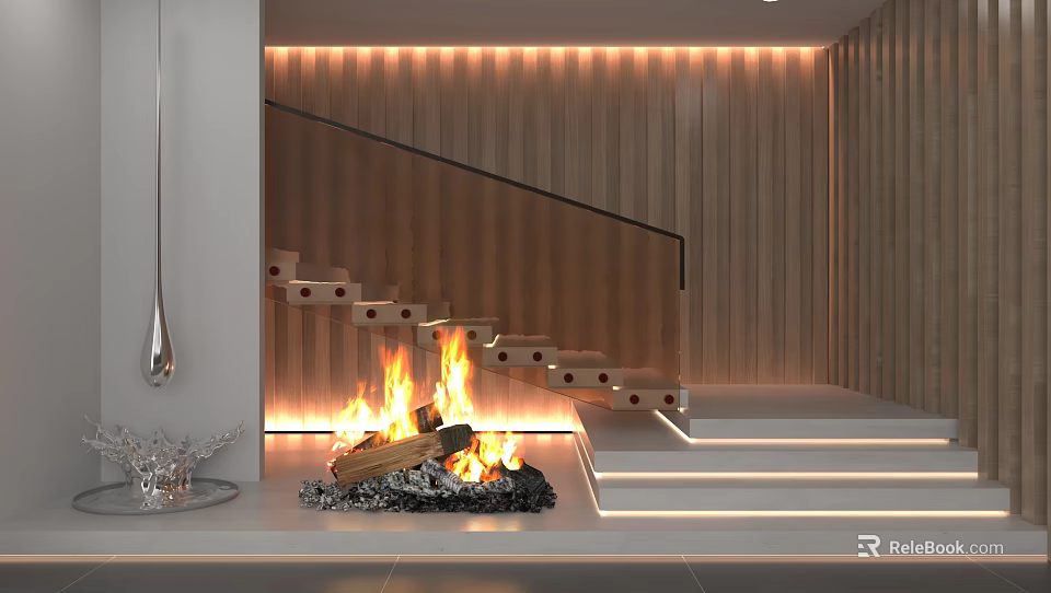Modern Staircase With Wooden Wall Black Railing Red Accents And Fireplace Lighting 3d model 