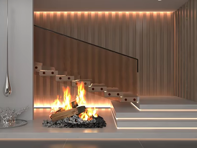 Modern Staircase With Wooden Wall Black Railing Red Accents And Fireplace Lighting 3d model