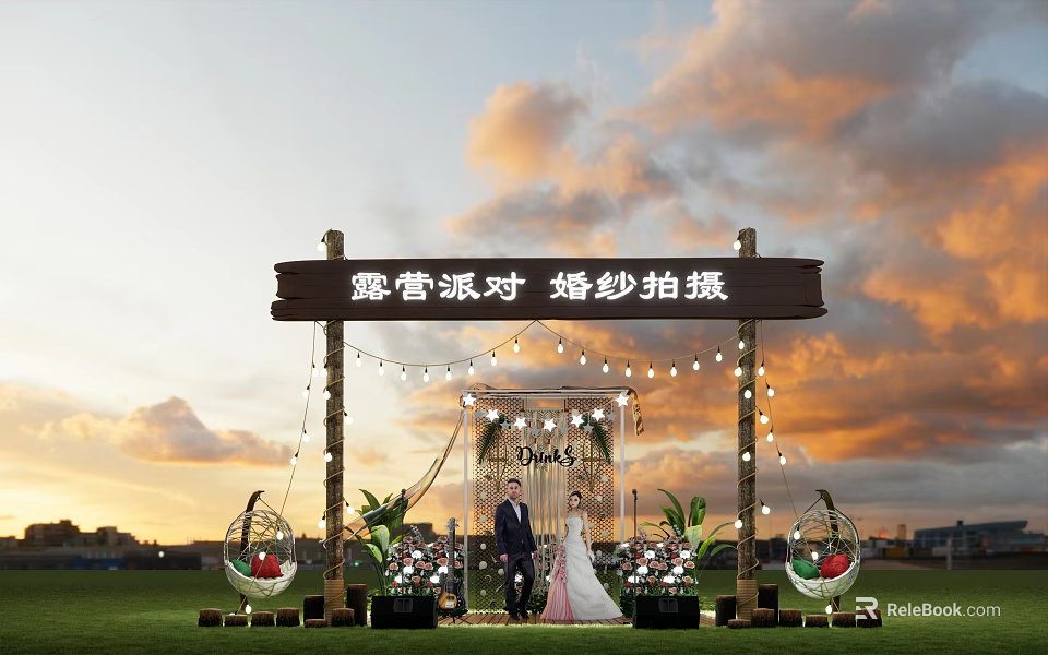 Wedding Photography at Camping Party with Wooden Arch String Lights Sunset Sky and Hanging Chairs 3d model 