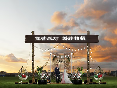 Wedding Photography at Camping Party with Wooden Arch String Lights Sunset Sky and Hanging Chairs 3d model