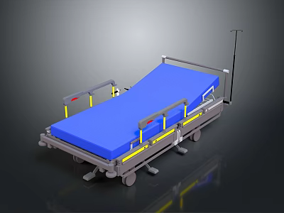 Medical Bed For Hospital Use With Blue Mattress Wheels And Safety Rails 3d model