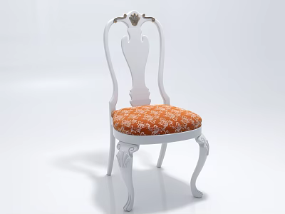 Elegant Classic Accent Chair With White Carved Frame And Orange Patterned Cushion 3d model