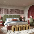 Playful Children's Bed with Green Headboard Yellow Arch Bench Red Curved Wall and Round Rug