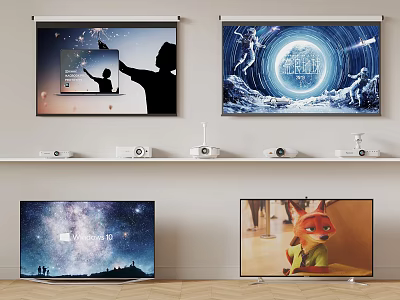 Projector TVs and Flat Screen TVs Showing Starry Sky Cartoon Character and Interactive Scenes 3d model