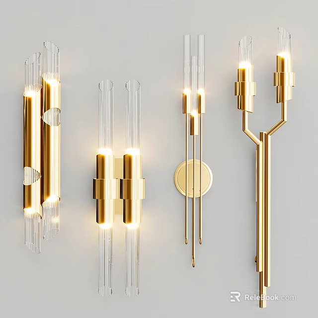 Modern Golden Wall Sconces with Glass Tubes and Illuminated LED Lights 3d model 