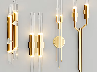 Modern Golden Wall Sconces with Glass Tubes and Illuminated LED Lights 3d model