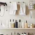 Well Organized Bathroom Toiletries On Shelves With Towels Hair Dryer