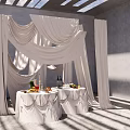 Elegant Indoor Event Setting With White Drapes Tables Fruits Wine And Skylight Shadows