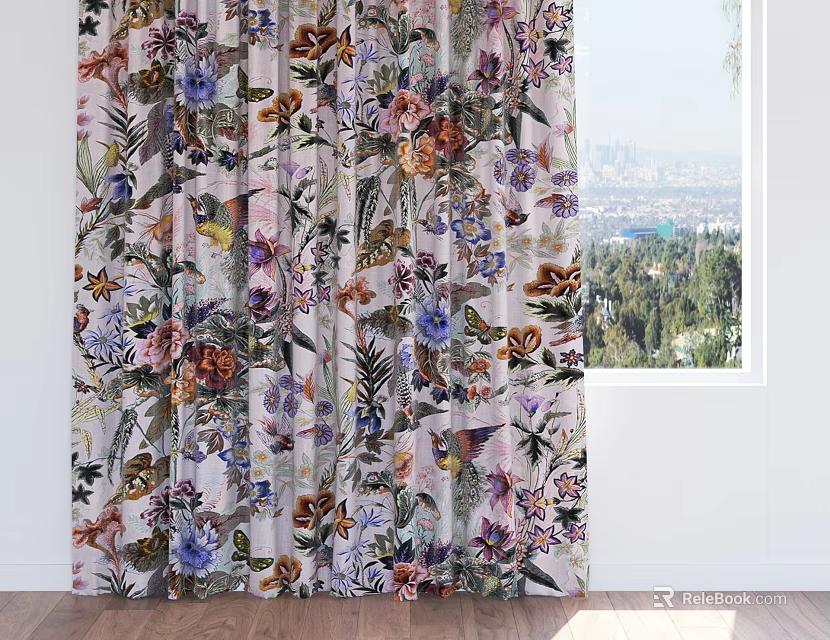 Colorful Floral And Bird Pattern Curtains With City View And Green Trees 3d model 