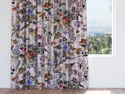 Colorful Floral And Bird Pattern Curtains With City View And Green Trees 3d model