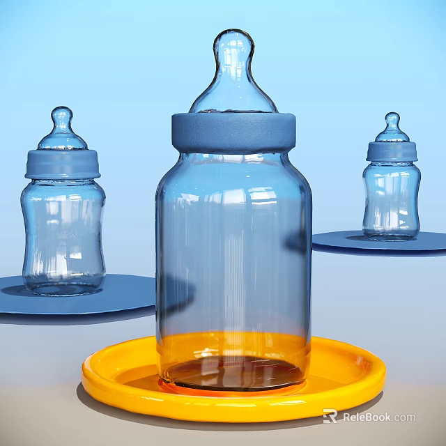 Glass Baby Bottles with Blue Caps on Yellow and Blue Trays for Baby Daily Use 3d model 