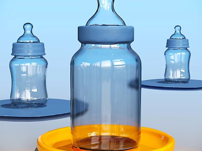 Glass Baby Bottles with Blue Caps on Yellow and Blue Trays for Baby Daily Use 3d model