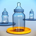 Glass Baby Bottles with Blue Caps on Yellow and Blue Trays for Baby Daily Use
