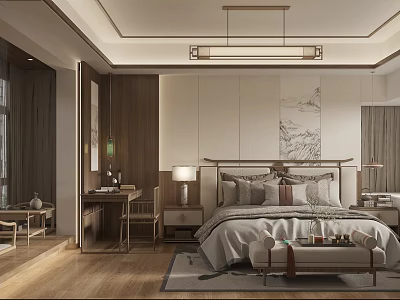 Traditional Chinese Bedroom Interior With Wooden Furniture Landscape Painting And Pendant Light 3d model