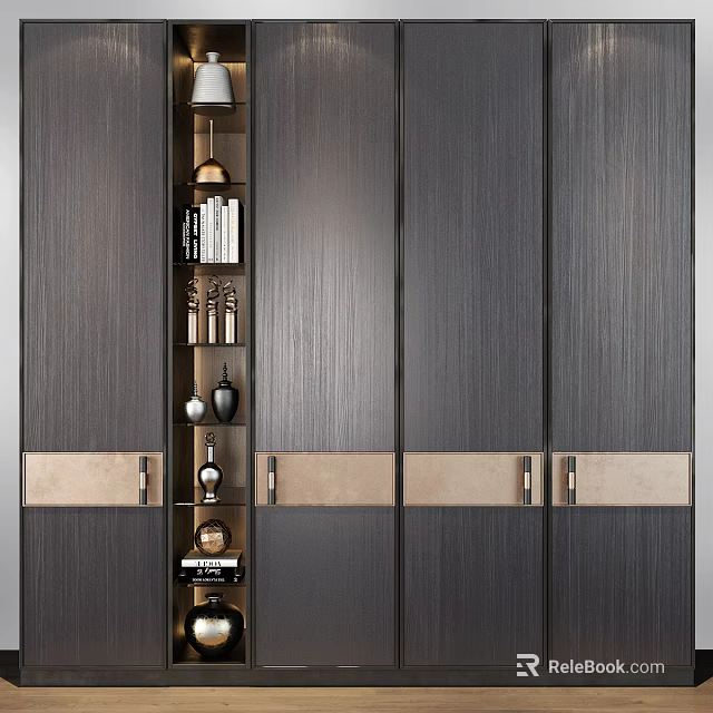 Modern Wardrobe Design With Dark Wood Sliding Doors Open Shelves And Metal Handles 3d model 