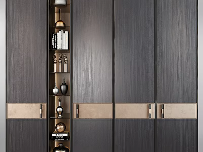Modern Wardrobe Design With Dark Wood Sliding Doors Open Shelves And Metal Handles 3d model