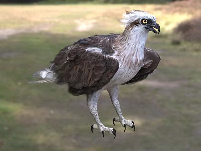 Brown And White Eagle With Yellow Eyes And Sharp Talons Standing On Grassland 3d model