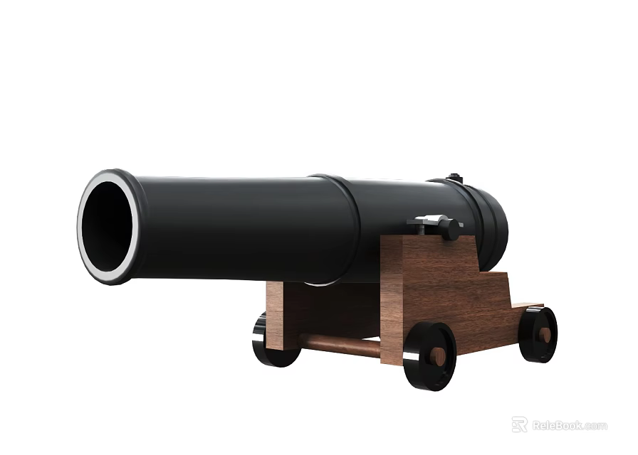 Vintage Weapon Classic Cannon With Black Barrel Wooden Carriage And Wheels 3d model 