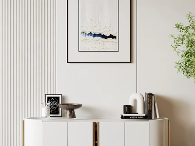Modern Minimalist Entryway Console Cabinet Sideboard With Decorative Painting Potted Plant And Golden Handles 3d model
