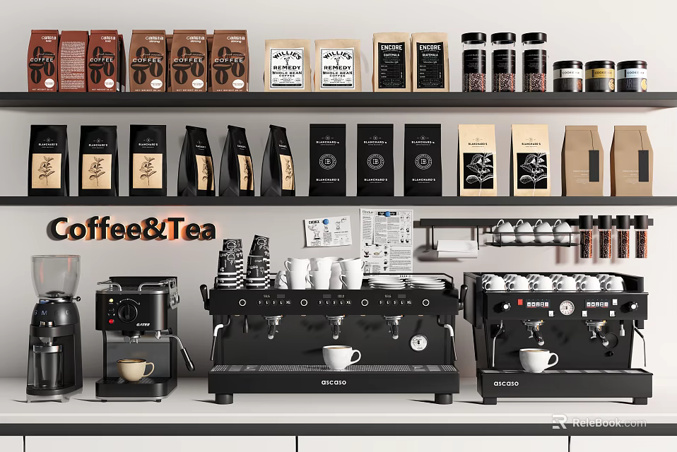 Coffee Tea Themed Kitchen Appliances Setup With Espresso Machines And Product Displays 3d model 