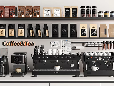 Coffee Tea Themed Kitchen Appliances Setup With Espresso Machines And Product Displays 3d model