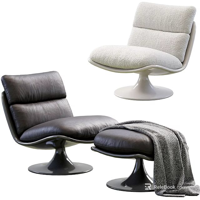 Modern Leather and Sheepskin Accent Chairs with Round Base Ottoman and Throw Blanket 3d model 