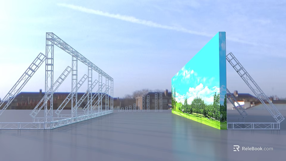 Public Facility With Large Outdoor LED Screen And Metal Frame Structure Under Blue Sky 3d model 