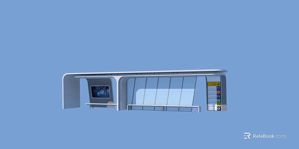 Modern Bus Station Design With Transparent Glass Benches Digital Screen And Information Board 3d model 