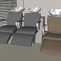 Salon Reclining Chairs in Gray and Brown with Shampoo Sinks by Window Blinds