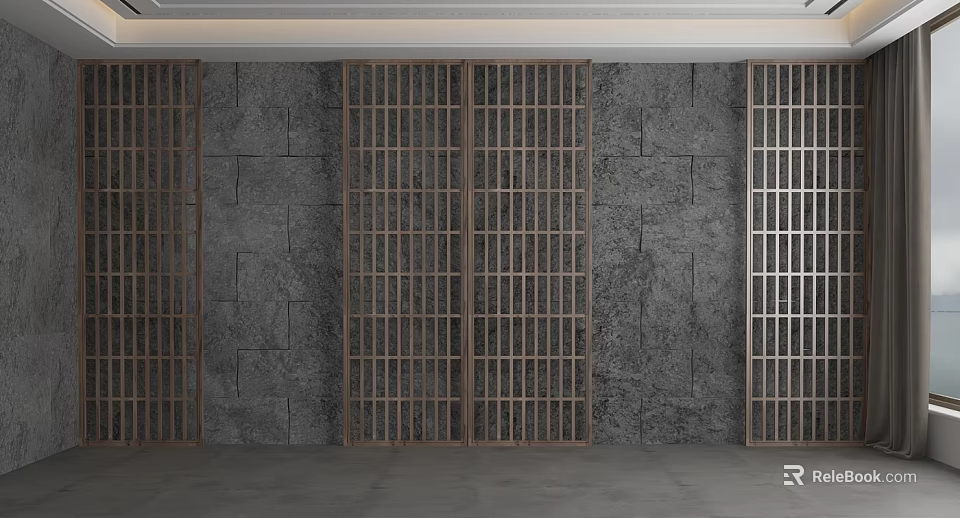 Modern Background Wall Design With Gray Stone And Vertical Wooden Lattice 3d model 