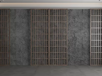 Modern Background Wall Design With Gray Stone And Vertical Wooden Lattice 3d model