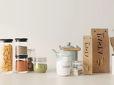 Kitchen Glass Jars Tea Pot and Pasta Bags with Ingredients Storage Containers 3d model