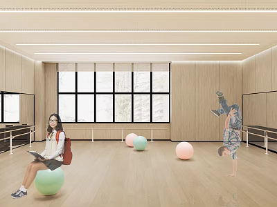 Spacious Indoor Fitness Room Featuring People Exercising With Stability Balls And Handstand On Wooden Floor 3d model